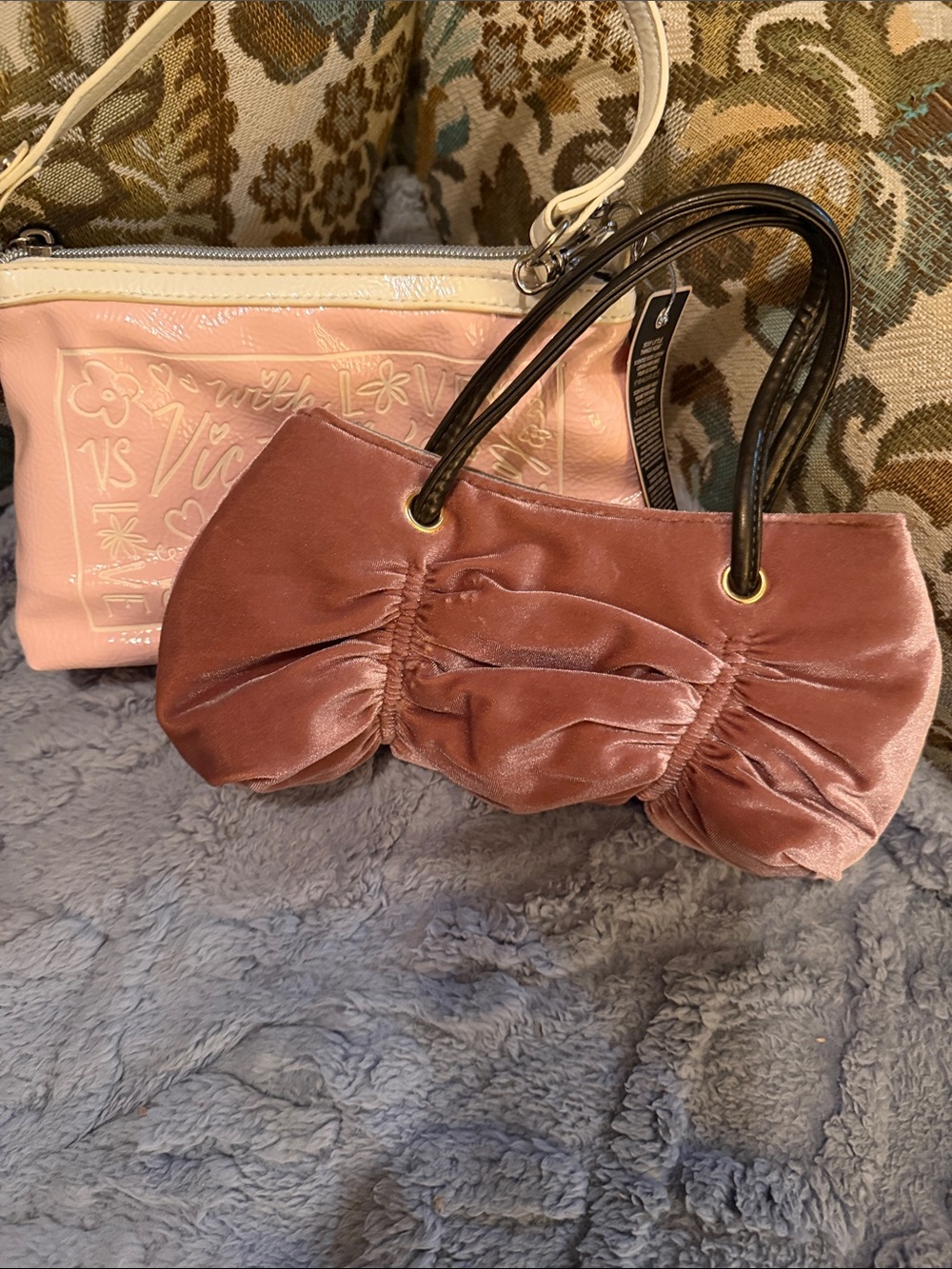 Victoria Secret Velvet Ruched Handbag in Mauve Pink